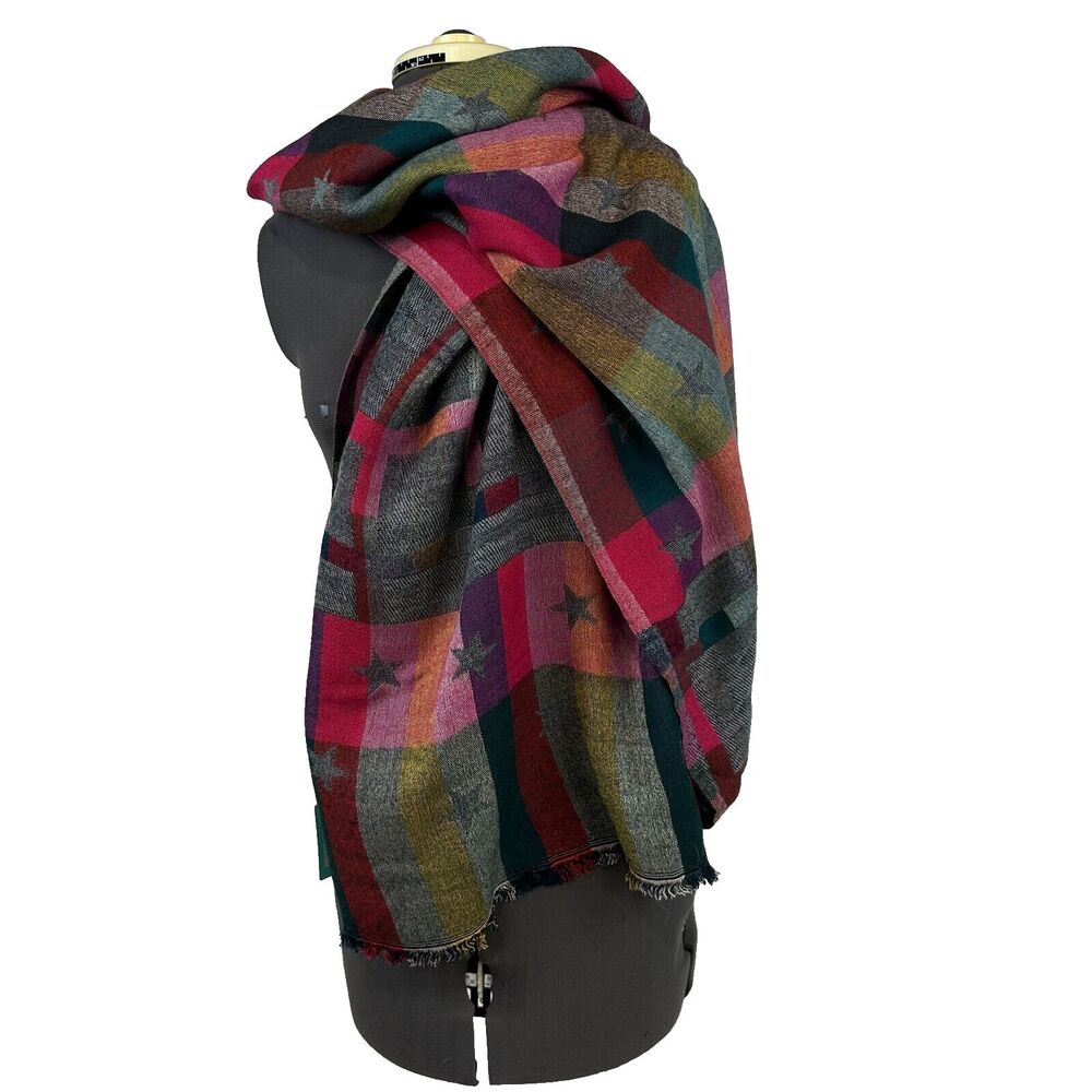 POM Peace Of Mind Reversible Scarf Pashmina Fringe 74 x 28 Colorful Boho